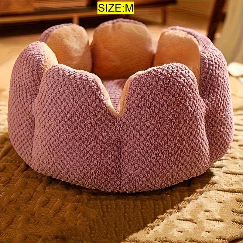 Cama Confortável para Gato em Forma de Pétala de Pelúcia -  Verde com Textura Tricotada, Enchimento de Poliéster | Cama em Forma de Pétala | Cama Confortável para Pets