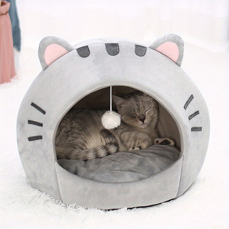 Grande Cama Caverninha Confortável para Gatos de Interior – Cama para Gato com Capuz de Pelúcia Cinza com Orelhas Cor-de-Rosa Adoráveis, Interior Macio e Almofada Removível e Lavável – Perfeita para Aconchegar e Cochilar, Camas para Gatos.