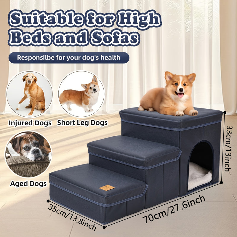 Escada Pet Dobrável com 3 Degraus e Espaço de Armazenamento | Rampa Antiderrapante para Sofás e Camas Altas