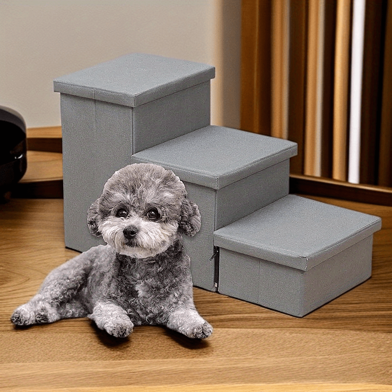 Escada Pet Dobrável com 3 Degraus e Caixas Organizadoras Removíveis | Tecido Oxford Cinza | Ideal para Cães de Pequeno e Médio Porte | Design Compacto
