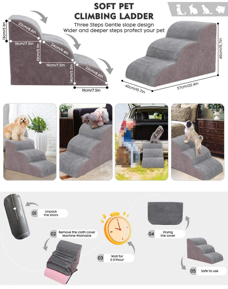 Escada Pet com 3 Degraus – Degraus Extra Largos e Superfície Antiderrapante | Ideal para Cães e Gatos Idosos ou com Dores nas Articulações