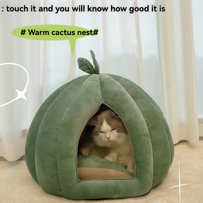 Cama Confortável para Gatos em Formato de Abóbora Verde – Pelúcia Espessa com Enchimento de PP, Fácil de Montar | Cama de Pelúcia para Gatos | Forro Interno de Pelúcia.
