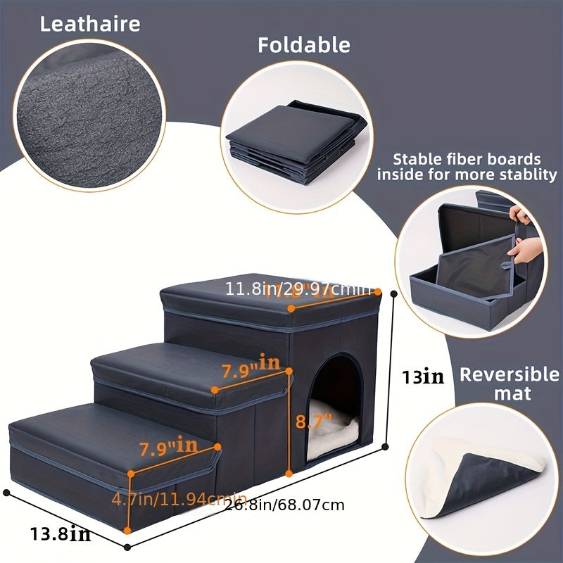 Escada Pet Dobrável para Cães de Pequeno e Mini Porte | Degraus em Poliéster com 2 Caixas Organizadoras | Acesso Fácil para Camas e Sofás