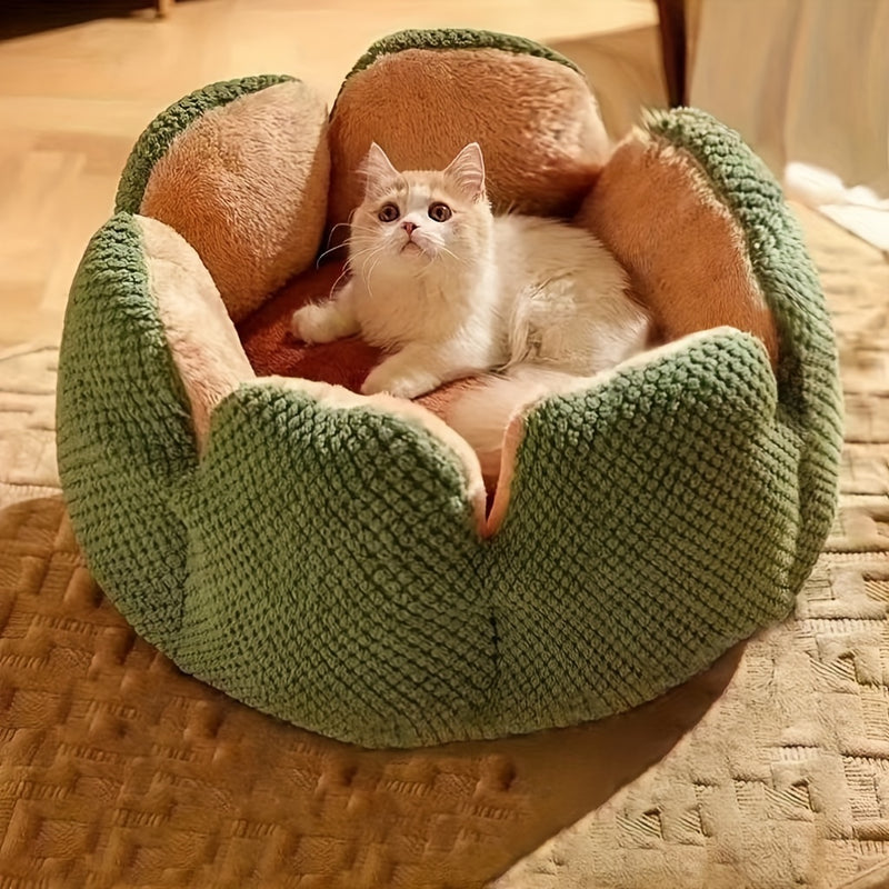 Cama Confortável para Gato em Forma de Pétala de Pelúcia -  Verde com Textura Tricotada, Enchimento de Poliéster | Cama em Forma de Pétala | Cama Confortável para Pets