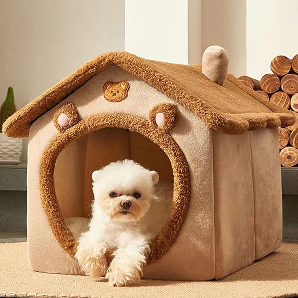 Cama Fechada Universal para Pets para Todas as Estações – Cama Envolvente para Gatos, Cama para Cães, Estilo Ursinho Marrom.
