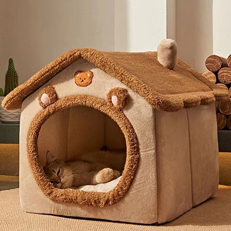 Cama Fechada Universal para Pets para Todas as Estações – Cama Envolvente para Gatos, Cama para Cães, Estilo Ursinho Marrom.