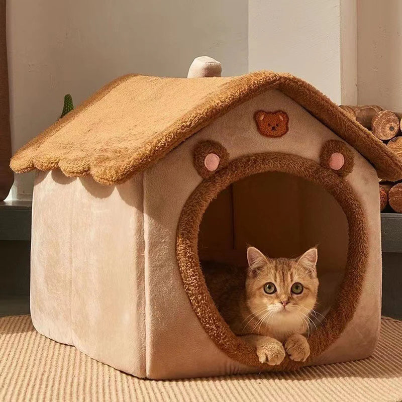 Cama Fechada Universal para Pets para Todas as Estações – Cama Envolvente para Gatos, Cama para Cães, Estilo Ursinho Marrom.
