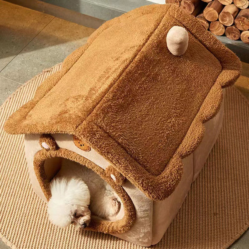 Cama Fechada Universal para Pets para Todas as Estações – Cama Envolvente para Gatos, Cama para Cães, Estilo Ursinho Marrom.