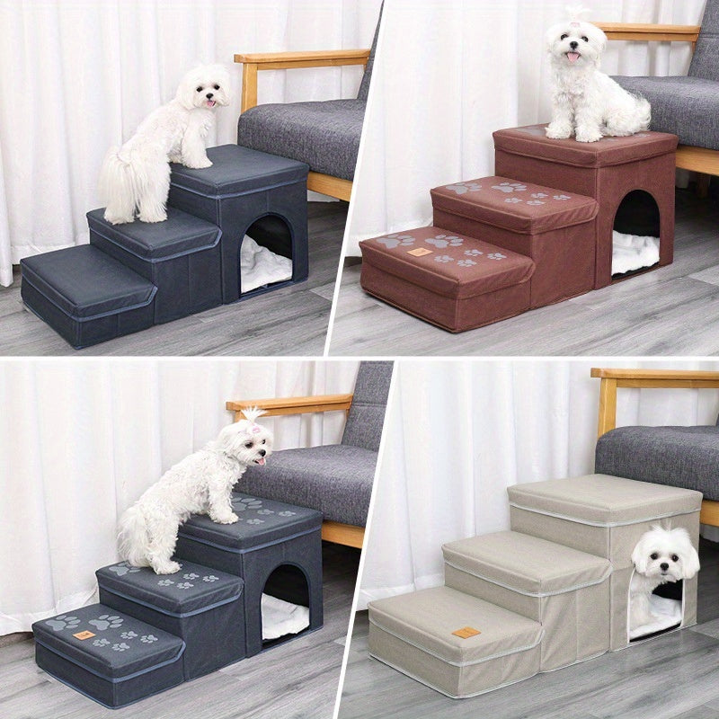 Escada Pet Dobrável com 3 Degraus e Estampa de Patinhas | Superfície Antiderrapante e Espaço de Armazenamento | Rampa e Degraus para Cães de Pequeno e Médio Porte e Gatos