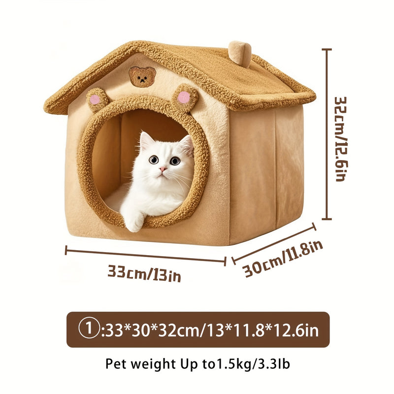 Casa Única para Pets em Estilo Vila Pequena Com Forro de Fleece Ártico e Fleece Curto, Fundo Antiderrapante Removível e Lavável, Ideal para Gatos e Cães Ultra-Pequenos, Pequenos e Médios.