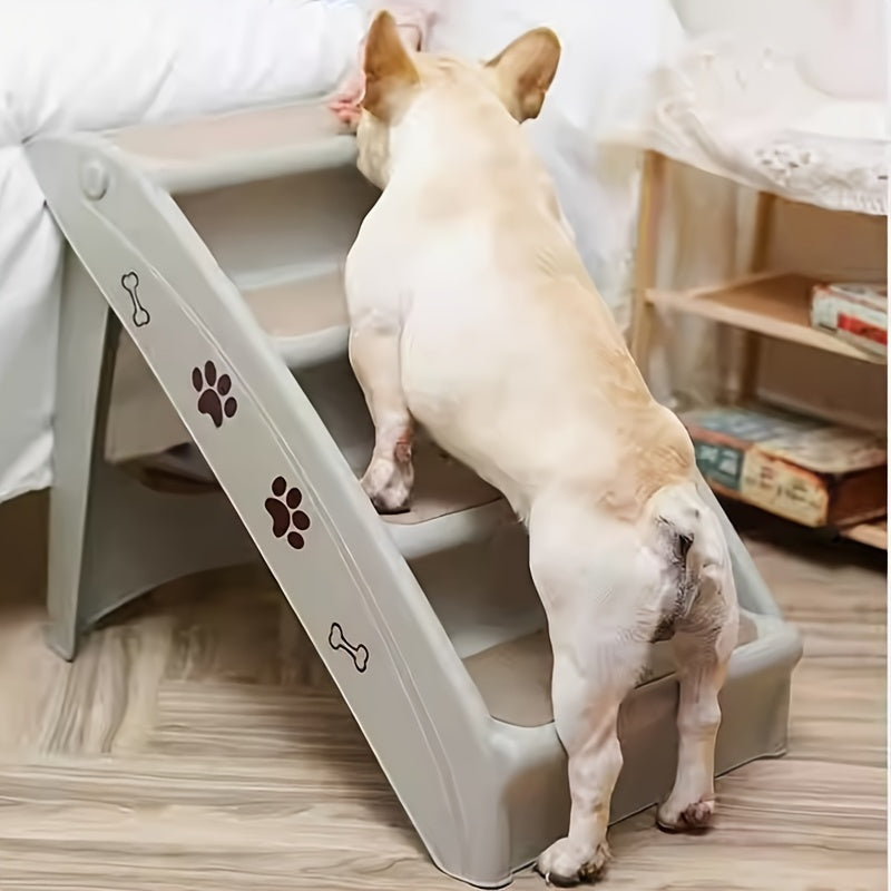 Escada Pet Portátil Dobrável – Para Cães e Gatos de Pequeno Porte | Escada de Plástico com Degraus Antiderrapantes e Estampa de Patinhas