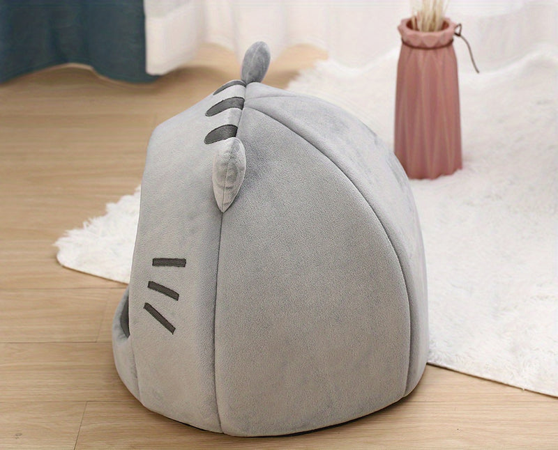 Grande Cama Caverninha Confortável para Gatos de Interior – Cama para Gato com Capuz de Pelúcia Cinza com Orelhas Cor-de-Rosa Adoráveis, Interior Macio e Almofada Removível e Lavável – Perfeita para Aconchegar e Cochilar, Camas para Gatos.