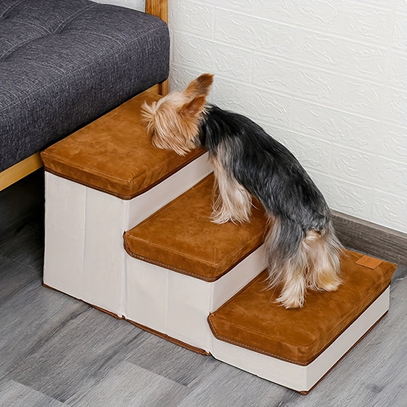 Escada Pet Dobrável com 3 Degraus e Espaço de Armazenamento | Montagem Fácil | Rampa Compacta para Cães e Gatos | Ideal para Camas e Sofás Altos