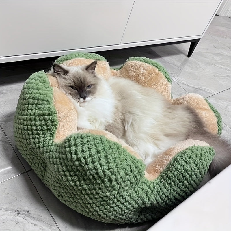 Cama Confortável para Gato em Forma de Pétala de Pelúcia -  Verde com Textura Tricotada, Enchimento de Poliéster | Cama em Forma de Pétala | Cama Confortável para Pets