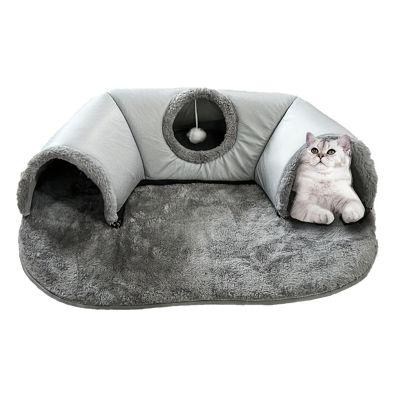 Túnel Cama Confortável 3 em 1 para Gatos – Tapete de Brincar e Ninho Quente com Base Antiderrapante para Gatos Pequenos a Médios, Coelhos e Hamsters.