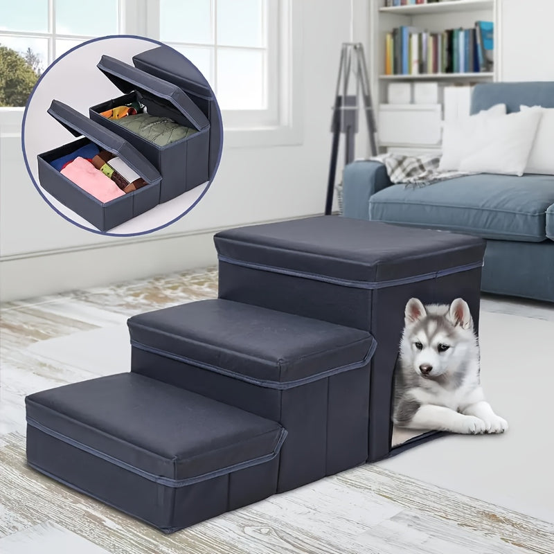 Escada Pet Dobrável com 3 Degraus e Estampa de Patinhas | Superfície Antiderrapante e Espaço de Armazenamento | Rampa e Degraus para Cães de Pequeno e Médio Porte e Gatos