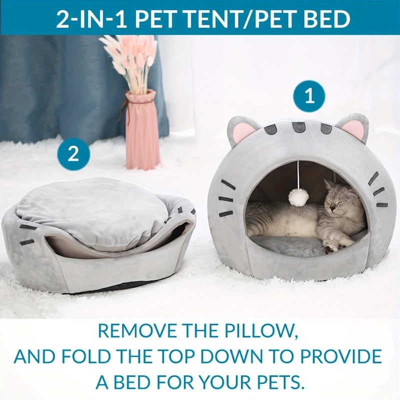 Cama Caverninha para Gato Confortável, Estilo Clássico em Fibra de Poliéster, Casinha para Gatinhos de Tamanho Pequeno, Tenda Interna para Pets com Almofada, Cama Aconchegante e Quente para Gatos.