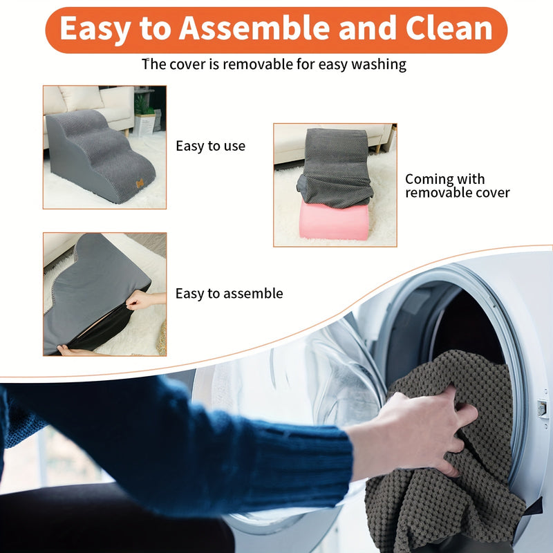 Escada Pet com 3 Degraus – Rampa para Cães de Pequeno Porte e Gatos | Superfície Antiderrapante e Capa Removível e Lavável | Ideal para Sofás e Camas