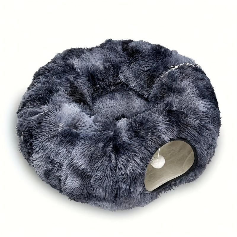 Túnel para Gatos com Cama – Túnel de Brincar com Tapete, Pelúcia Longa, Sono Profundo, Removível e Lavável, Passagem para Gatos Conectável e Multifuncional.