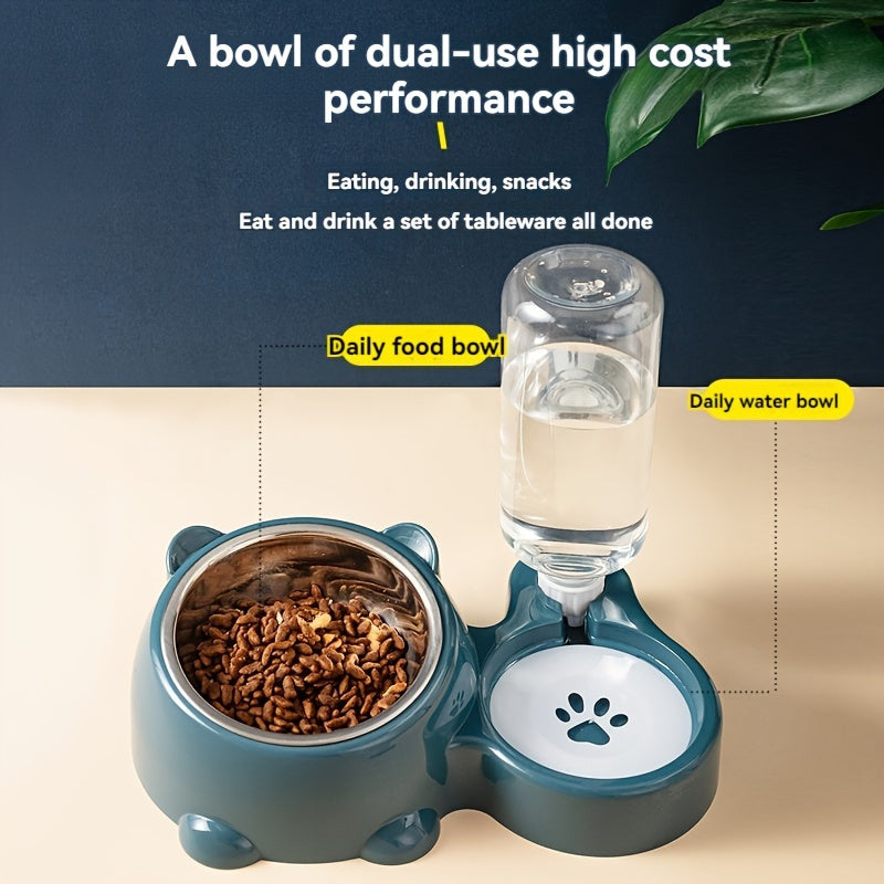 Comedouro Elevado 2 em 1 com Bebedouro Automático – Tigelas Inclinadas de Aço Inoxidável Antiderrapantes para Gatos e Cães.