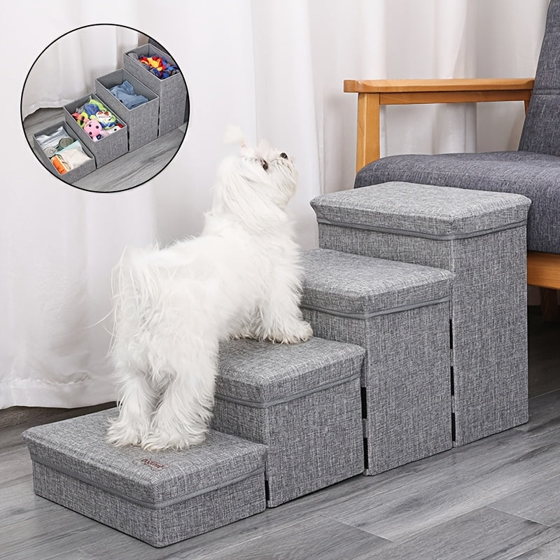 Escada Pet Dobrável com 4 Degraus e Espaço de Armazenamento | Altura de 39,8cm | Capa Impermeável e Macia | Ideal para Cães de Pequeno e Médio Porte