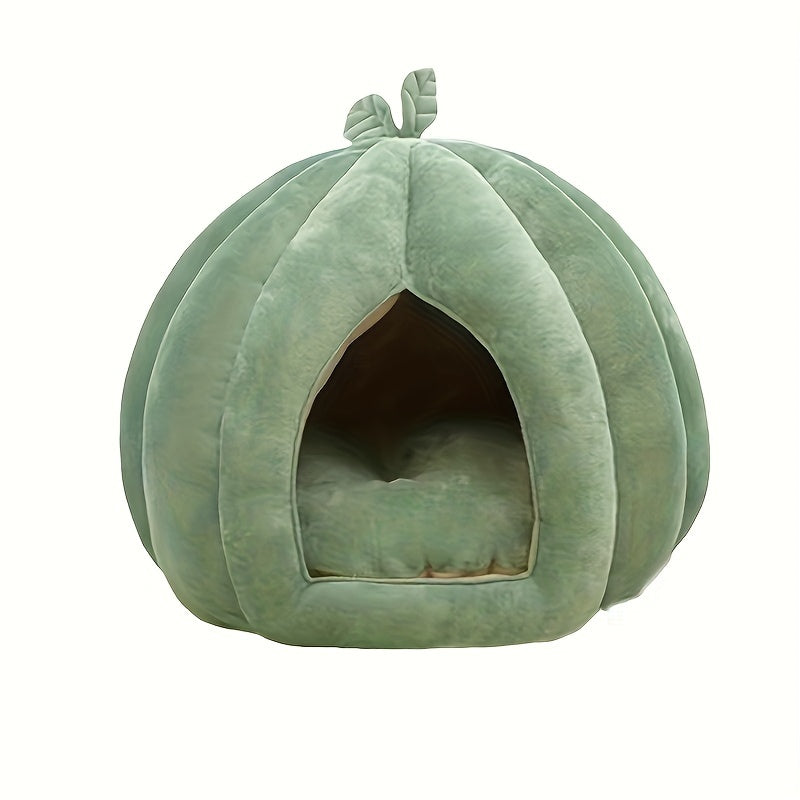 Cama Confortável para Gatos em Formato de Abóbora Verde – Pelúcia Espessa com Enchimento de PP, Fácil de Montar | Cama de Pelúcia para Gatos | Forro Interno de Pelúcia.
