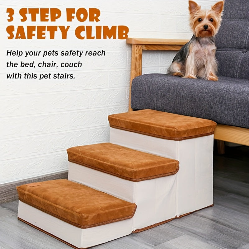 Escada Pet Dobrável com 3 Degraus e Espaço de Armazenamento | Montagem Fácil | Rampa Compacta para Cães e Gatos | Ideal para Camas e Sofás Altos