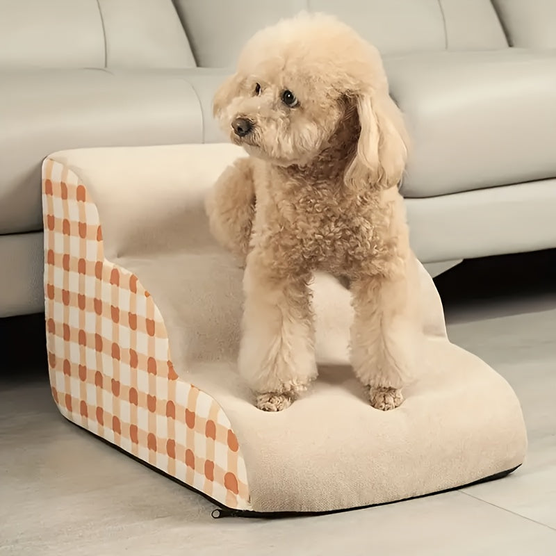 Rampa Pet Extra Larga com 3 Degraus – Degraus em Espuma de Alta Densidade | Base Antiderrapante | Design Xadrez | Ideal para Camas e Sofás Altos | Degraus com Tecido Acolchoado