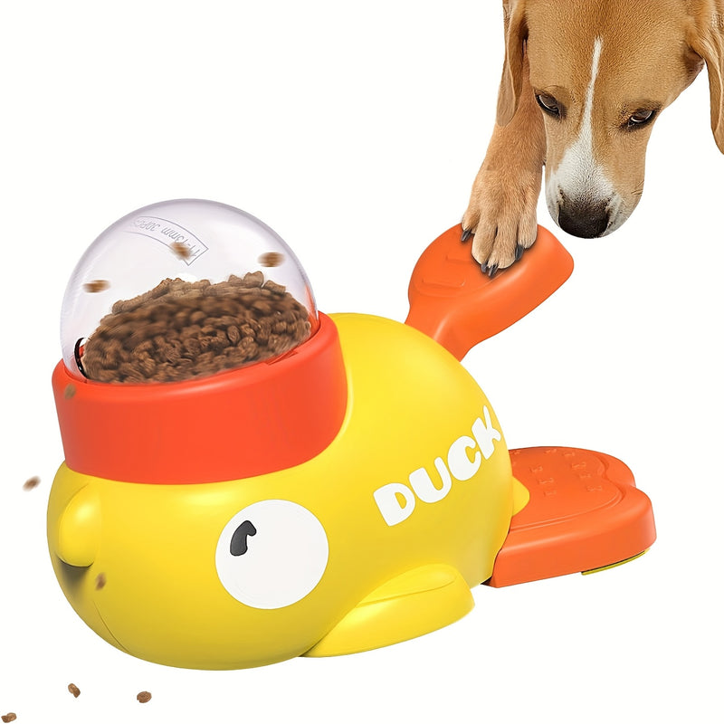 Brinquedo Interativo Dispensador de Petiscos para Cães com Botão – Comedouro Lento e Quebra-Cabeça, Design em Forma de Pato, Estimula Alimentação Saudável e Desenvolvimento Mental, Plástico Resistente.