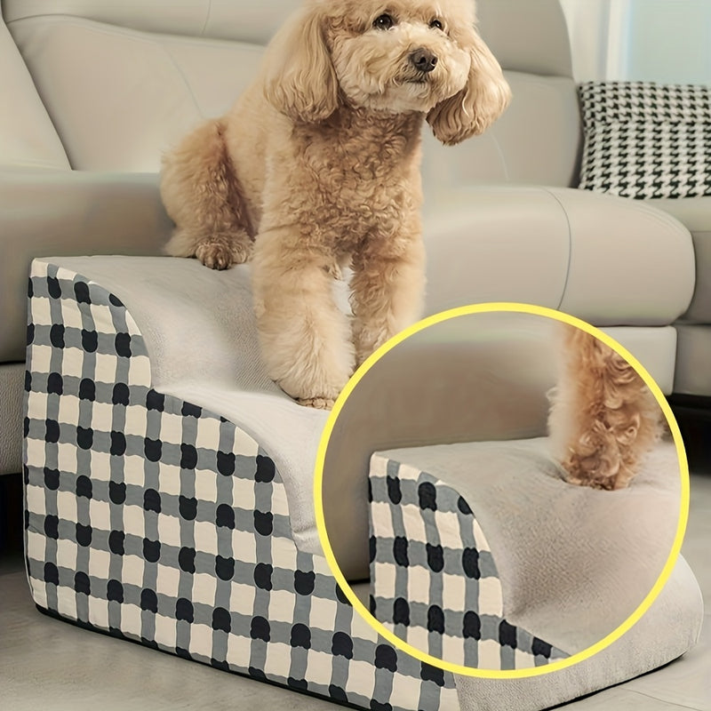 Rampa Pet Extra Larga com 3 Degraus – Degraus em Espuma de Alta Densidade | Base Antiderrapante | Design Xadrez | Ideal para Camas e Sofás Altos | Degraus com Tecido Acolchoado