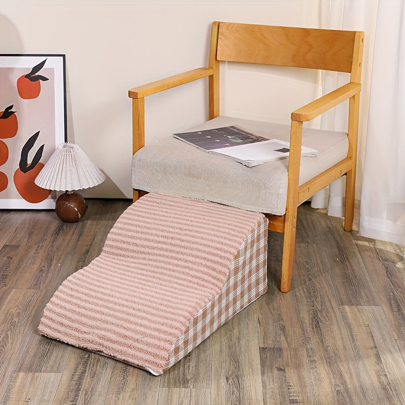 Rampa para Pets com 3 Degraus Antiderrapante para Cães de Pequeno a Grande Porte – Capa de Poliéster Xadrez Lavável com Revestimento Removível, Azul Claro, Bege e Verde, Ideal para Ambientes com Piso de Madeira, Degraus para Cães