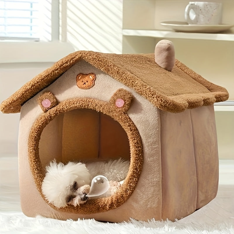 Casa Única para Pets em Estilo Vila Pequena Com Forro de Fleece Ártico e Fleece Curto, Fundo Antiderrapante Removível e Lavável, Ideal para Gatos e Cães Ultra-Pequenos, Pequenos e Médios.