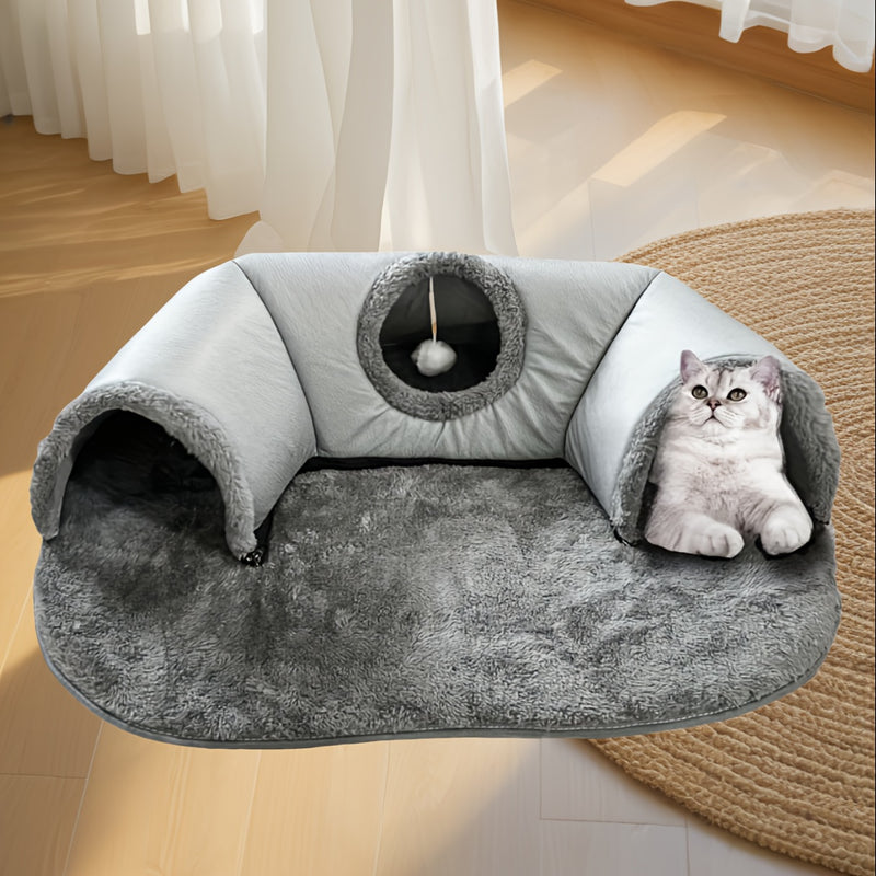 Túnel Cama Confortável 3 em 1 para Gatos – Tapete de Brincar e Ninho Quente com Base Antiderrapante para Gatos Pequenos a Médios, Coelhos e Hamsters.