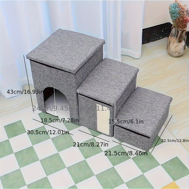 Escada Pet Grande com 3 Degraus e Espaço de Armazenamento | Dobrável, Antiderrapante e Aconchegante