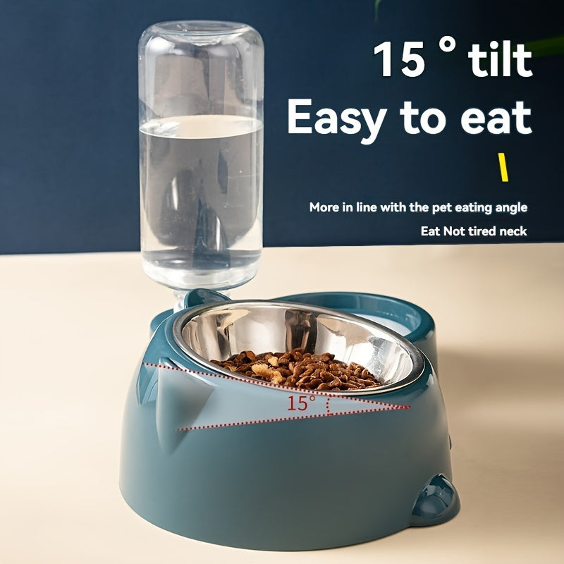 Comedouro Elevado 2 em 1 com Bebedouro Automático – Tigelas Inclinadas de Aço Inoxidável Antiderrapantes para Gatos e Cães.