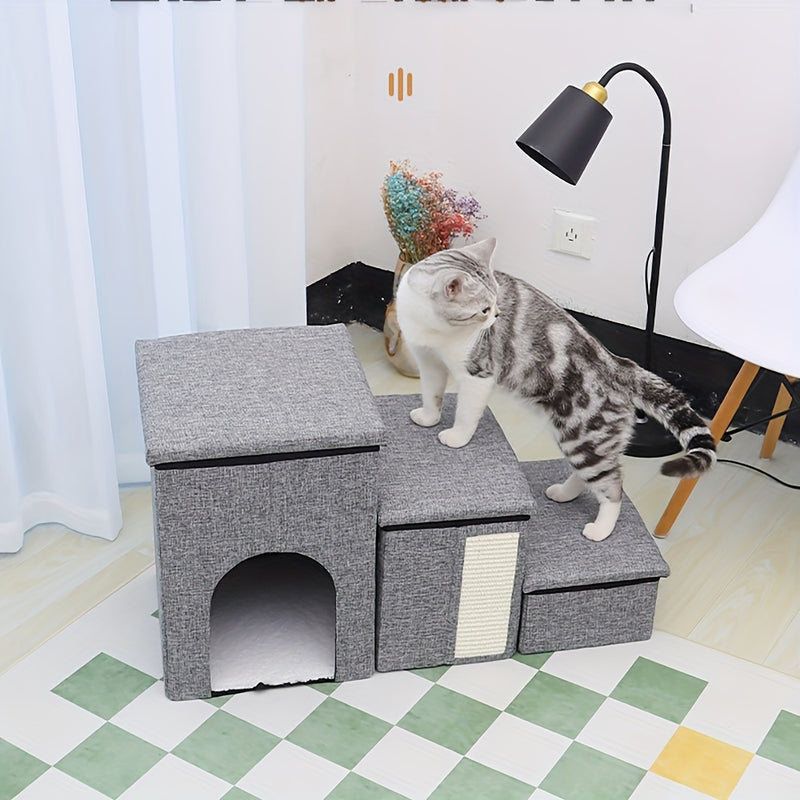 Escada Pet Grande com 3 Degraus e Espaço de Armazenamento | Dobrável, Antiderrapante e Aconchegante