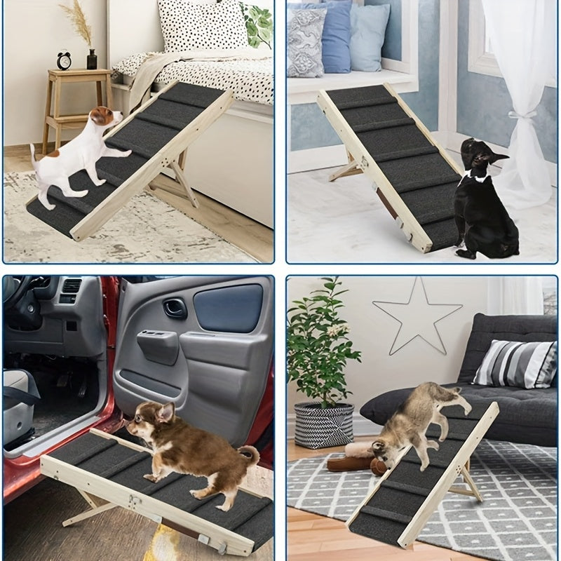 Escada e Rampa Pet de Madeira – Dobrável, Antiderrapante e com Altura Ajustável | Ideal para Cães | Acesso Seguro a Sofás e Camas