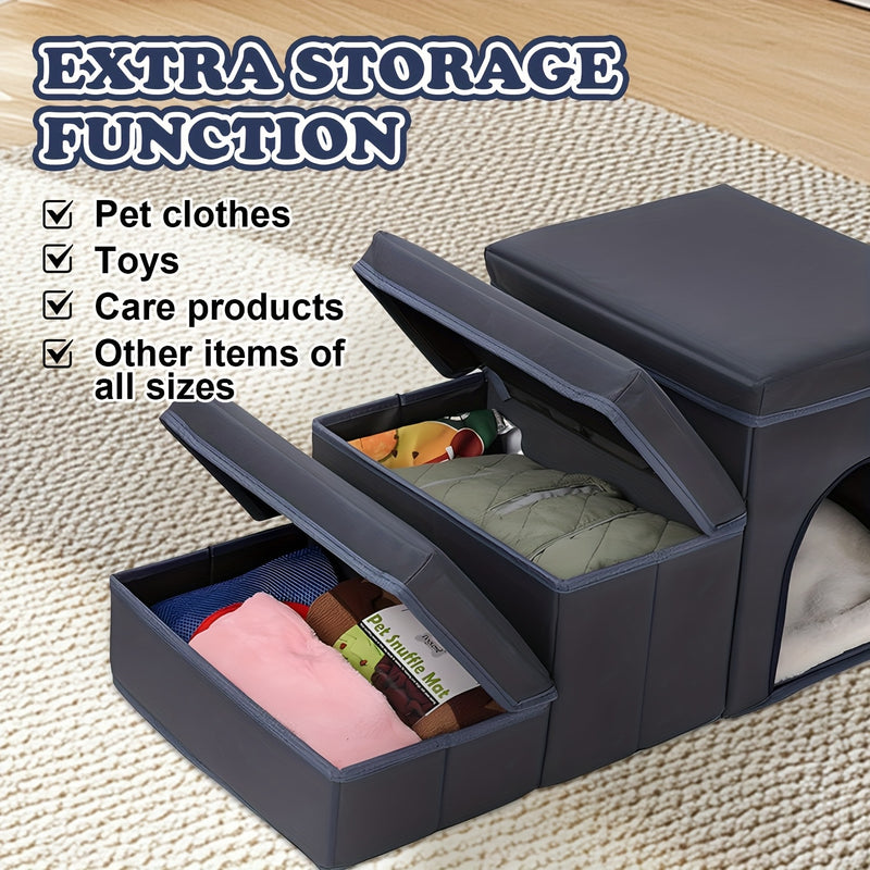 Escada Pet Dobrável com 3 Degraus e Estampa de Patinhas | Superfície Antiderrapante e Espaço de Armazenamento | Rampa e Degraus para Cães de Pequeno e Médio Porte e Gatos