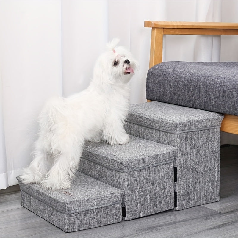 Escada Pet Dobrável com 4 Degraus e Espaço de Armazenamento | Altura de 39,8cm | Capa Impermeável e Macia | Ideal para Cães de Pequeno e Médio Porte