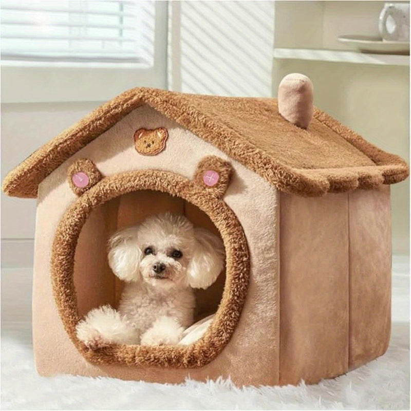 Casa Única para Pets em Estilo Vila Pequena Com Forro de Fleece Ártico e Fleece Curto, Fundo Antiderrapante Removível e Lavável, Ideal para Gatos e Cães Ultra-Pequenos, Pequenos e Médios.