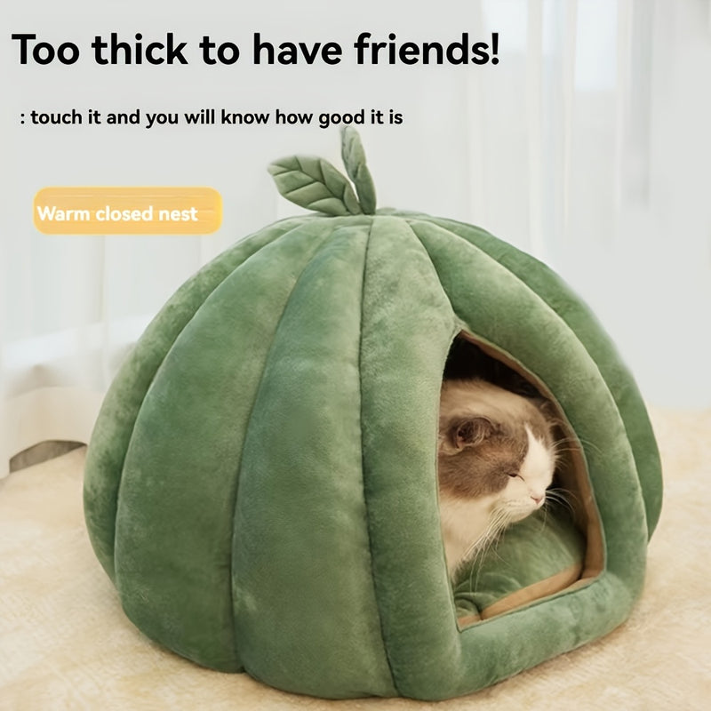 Cama Confortável para Gatos em Formato de Abóbora Verde – Pelúcia Espessa com Enchimento de PP, Fácil de Montar | Cama de Pelúcia para Gatos | Forro Interno de Pelúcia.