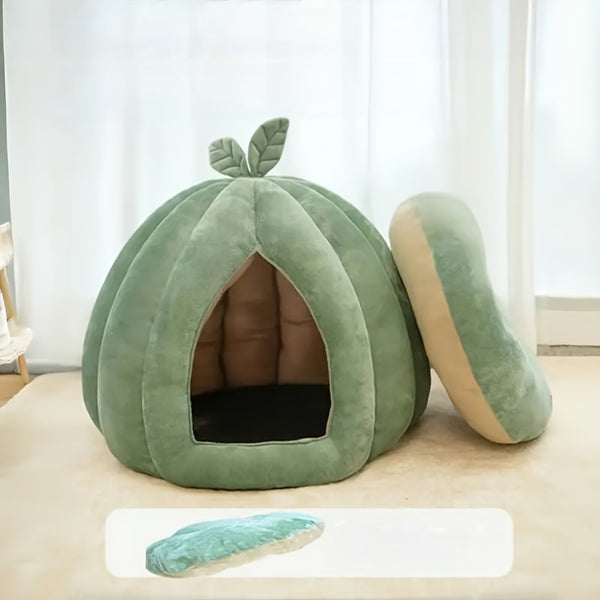 Cama Confortável para Gatos em Formato de Abóbora Verde – Pelúcia Espessa com Enchimento de PP, Fácil de Montar | Cama de Pelúcia para Gatos | Forro Interno de Pelúcia.