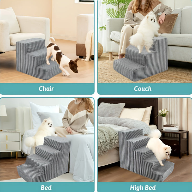 Escada Pet em Veludo Cotelê com Listras – Para Cães e Gatos de Pequeno Porte | Design em Ângulo Reto, Superfície Antiderrapante e Estável | Ideal para Camas Altas e Sofás