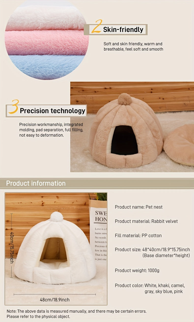 Casinha Confortável de Pelúcia - Material Macio em PP, Pré-Montada, Cama Quente e Aconchegante para Gatos e Cães Pequenos.