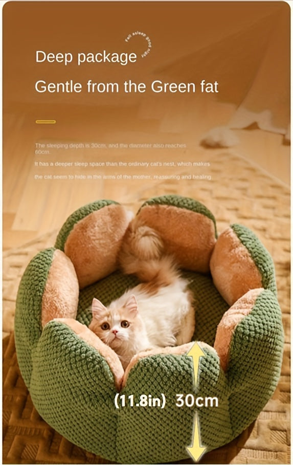 Cama Confortável para Gato em Forma de Pétala de Pelúcia -  Verde com Textura Tricotada, Enchimento de Poliéster | Cama em Forma de Pétala | Cama Confortável para Pets