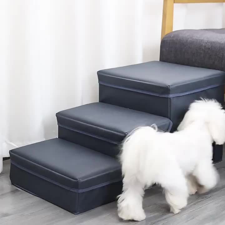 Escada Pet Dobrável para Cães de Pequeno e Mini Porte | Degraus em Poliéster com 2 Caixas Organizadoras | Acesso Fácil para Camas e Sofás