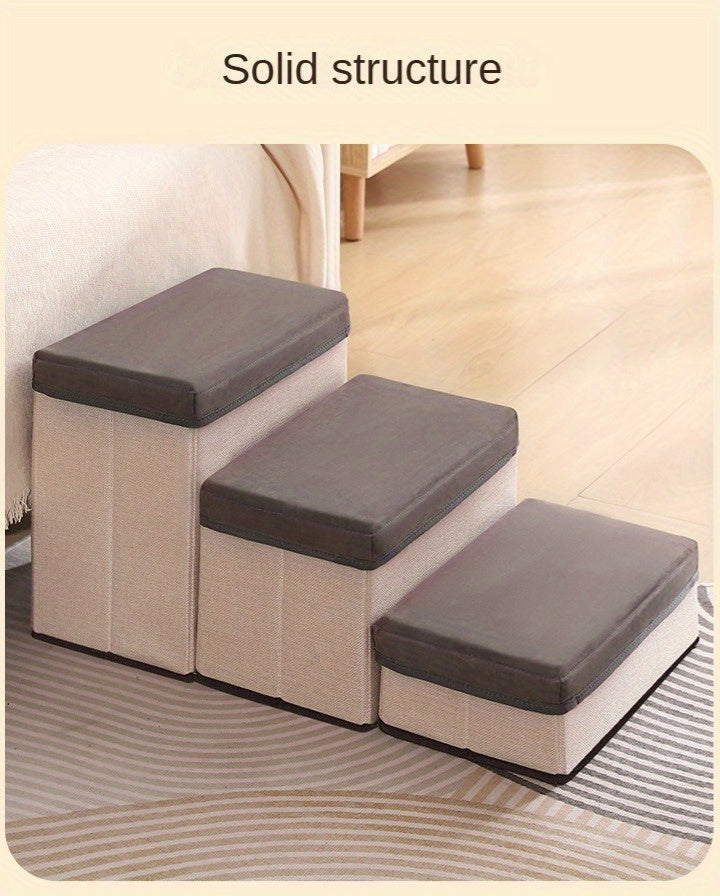 Escada Pet Dobrável com 3 Degraus e Armazenamento com Zíper | Degraus Acolchoados em Tecido Cinza | Superfície Antiderrapante | Ideal para Cães de Pequeno e Médio Porte
