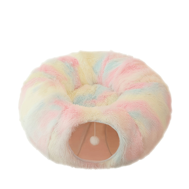 Túnel para Gatos com Cama – Túnel de Brincar com Tapete, Pelúcia Longa, Sono Profundo, Removível e Lavável, Passagem para Gatos Conectável e Multifuncional.