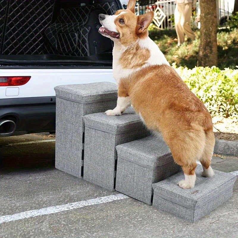 Escada Pet com 4 Degraus, Superfície Antiderrapante e Espaço de Armazenamento | Ideal para Cães de Pequeno, Médio e Grande Porte e Gatos Idosos