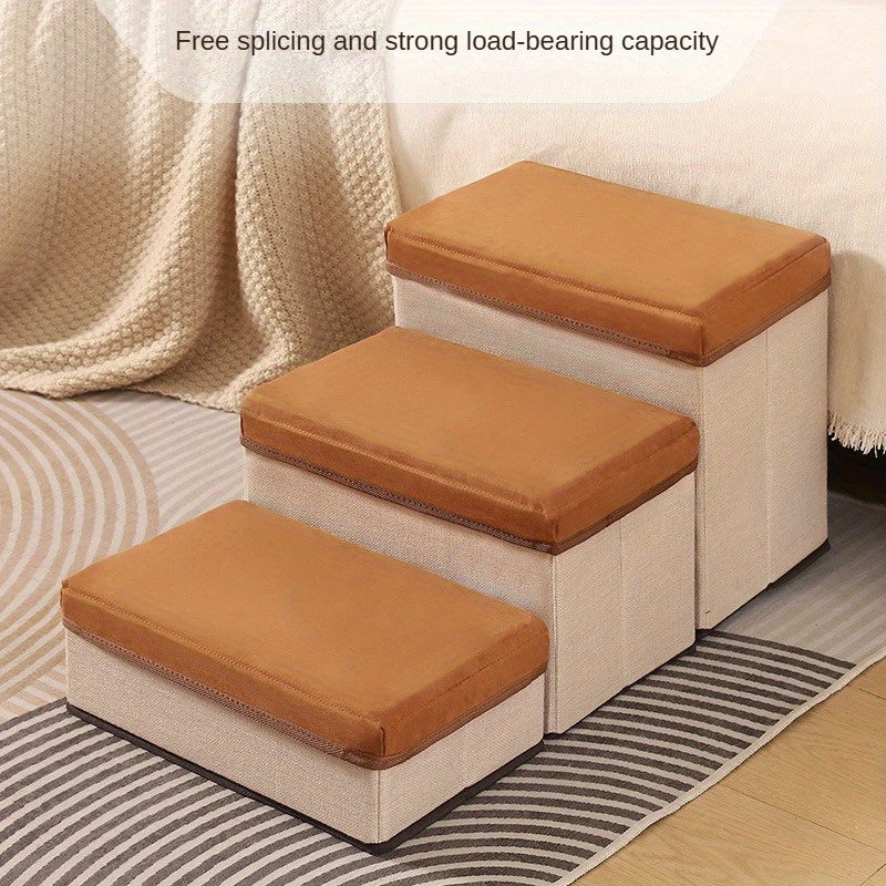 Escada Pet Dobrável com 3 Degraus e Armazenamento com Zíper | Degraus Acolchoados em Tecido Cinza | Superfície Antiderrapante | Ideal para Cães de Pequeno e Médio Porte